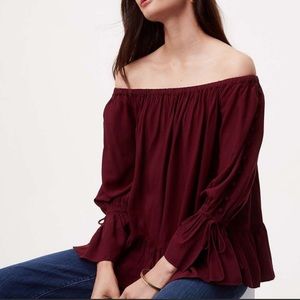 NWT Loft Off The Shoulders Ruffle Top Long Sleeves Tie Cuffs Burgundy Sz S